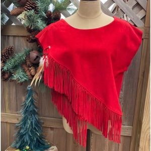 Suede Top- Red Short Sleeve Suede Top-Fringe-Feathers